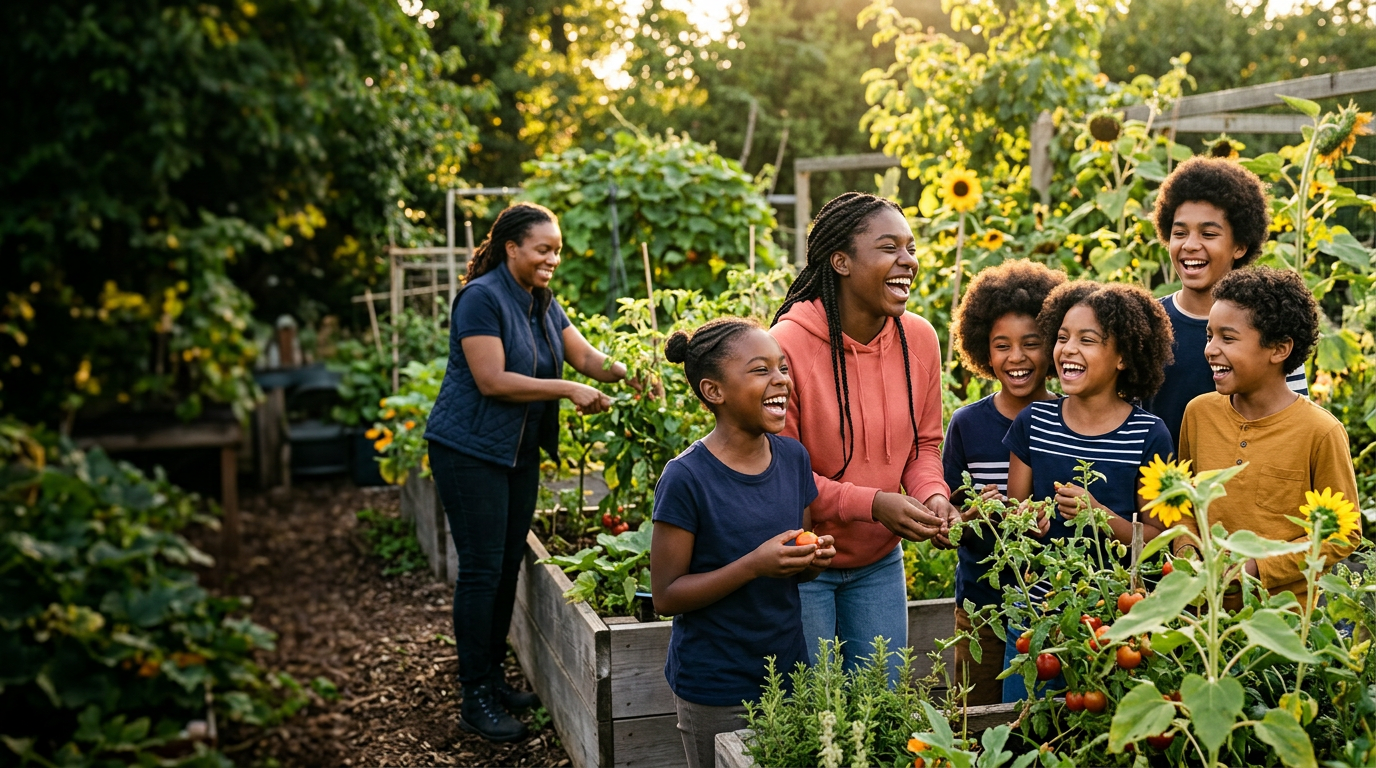 Young people and a mentor sharing a joyful moment in a community garden